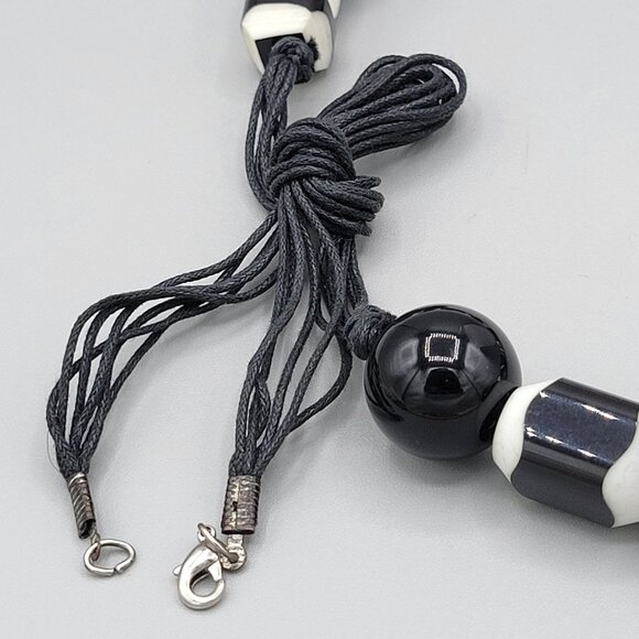 Black and White Large Bead Boho Necklace Black Cord Silver Ball Spacers - Picture 7 of 7